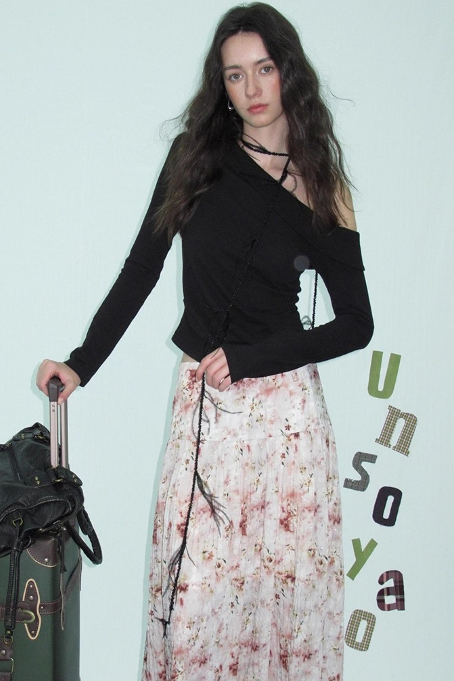 Slanted Shoulder Knit Top Skirt Set-Up