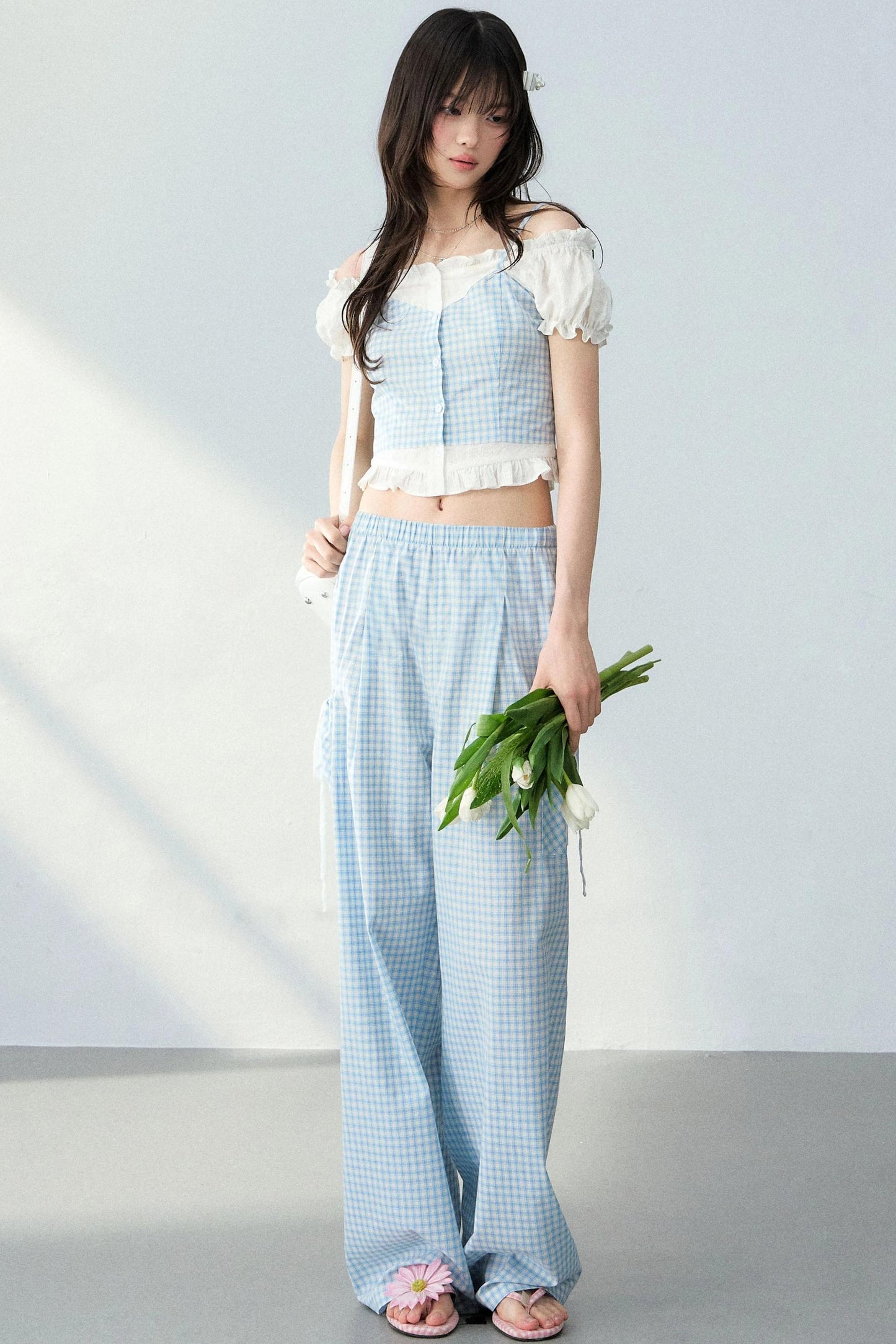 Blue Plaid Off-Shoulder Top Set-Up