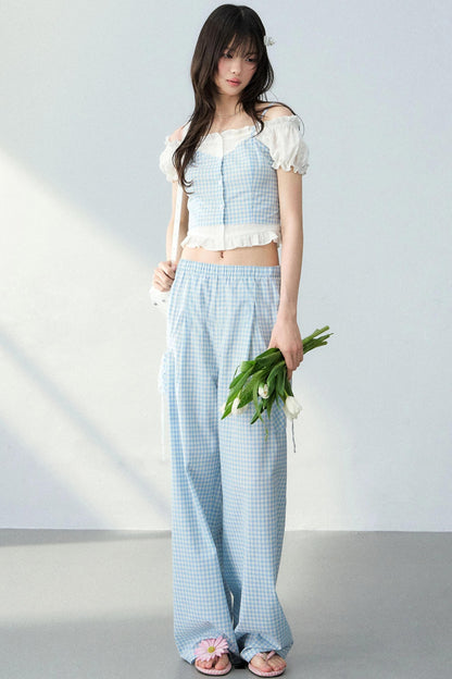 Blue Plaid Off-Shoulder Top Set-Up