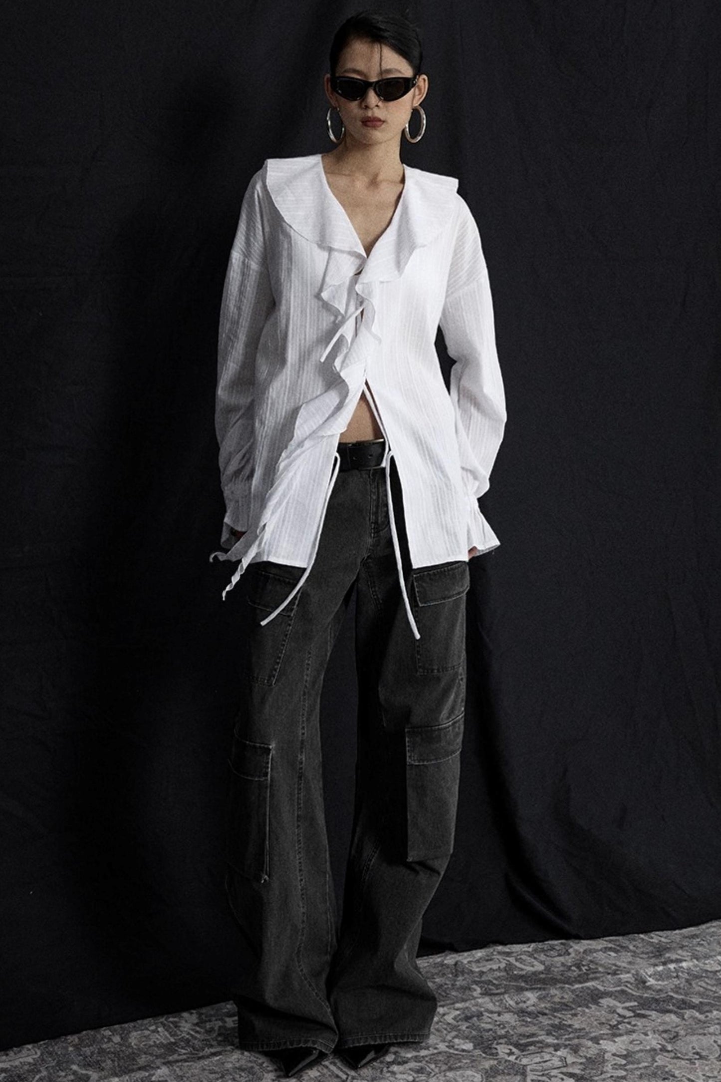 Winter White Ruffled V-Neck Shirt