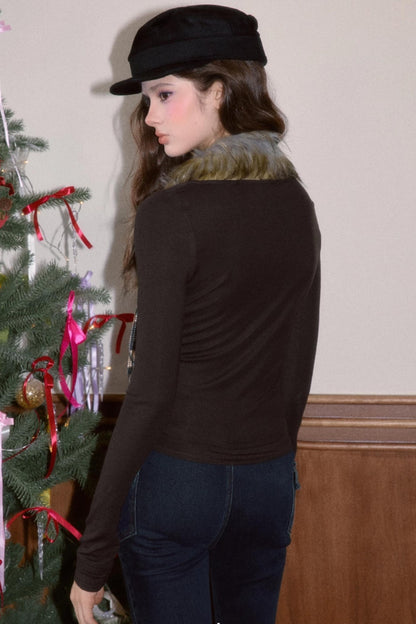 Detachable Fur Collar T-Shirt