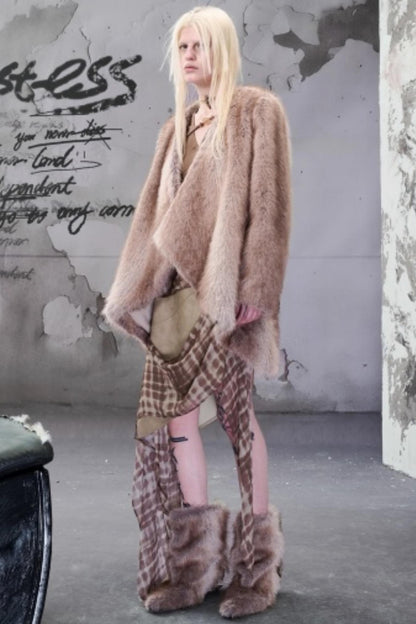 Chiffon Panel Ruffled Irregular Leather Skirt