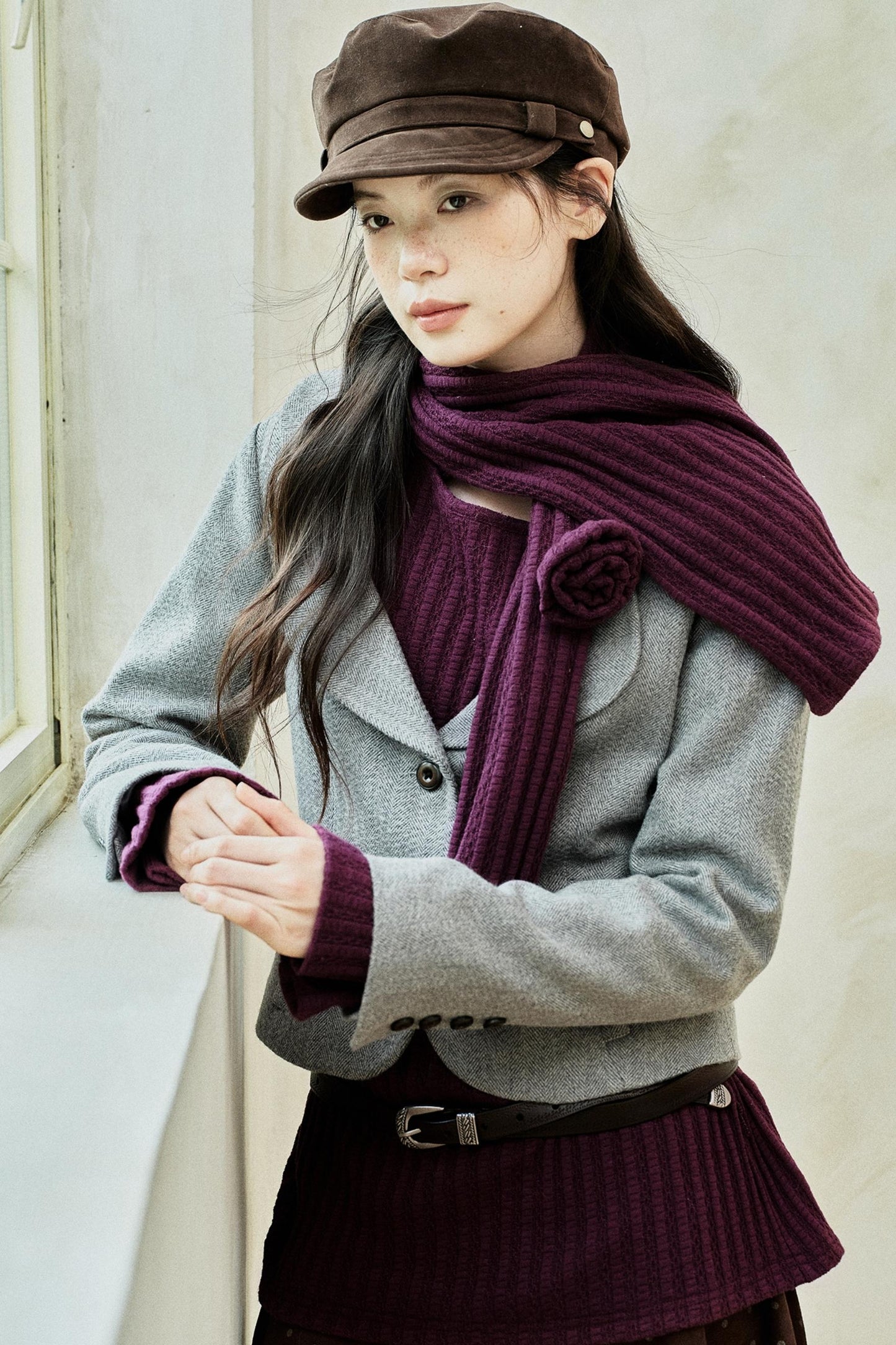 Purple Strip Knit Gray Woolen Jacket Set-Up