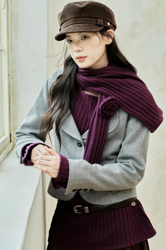 Purple Strip Knit Gray Woolen Jacket Set-Up