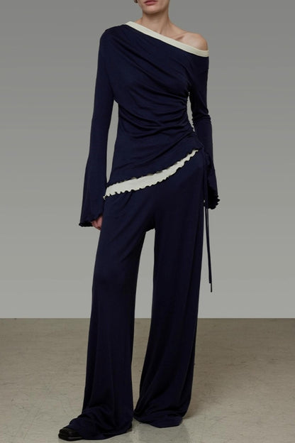 Autumn Slanted Shoulder Knit Slacks Set-Up