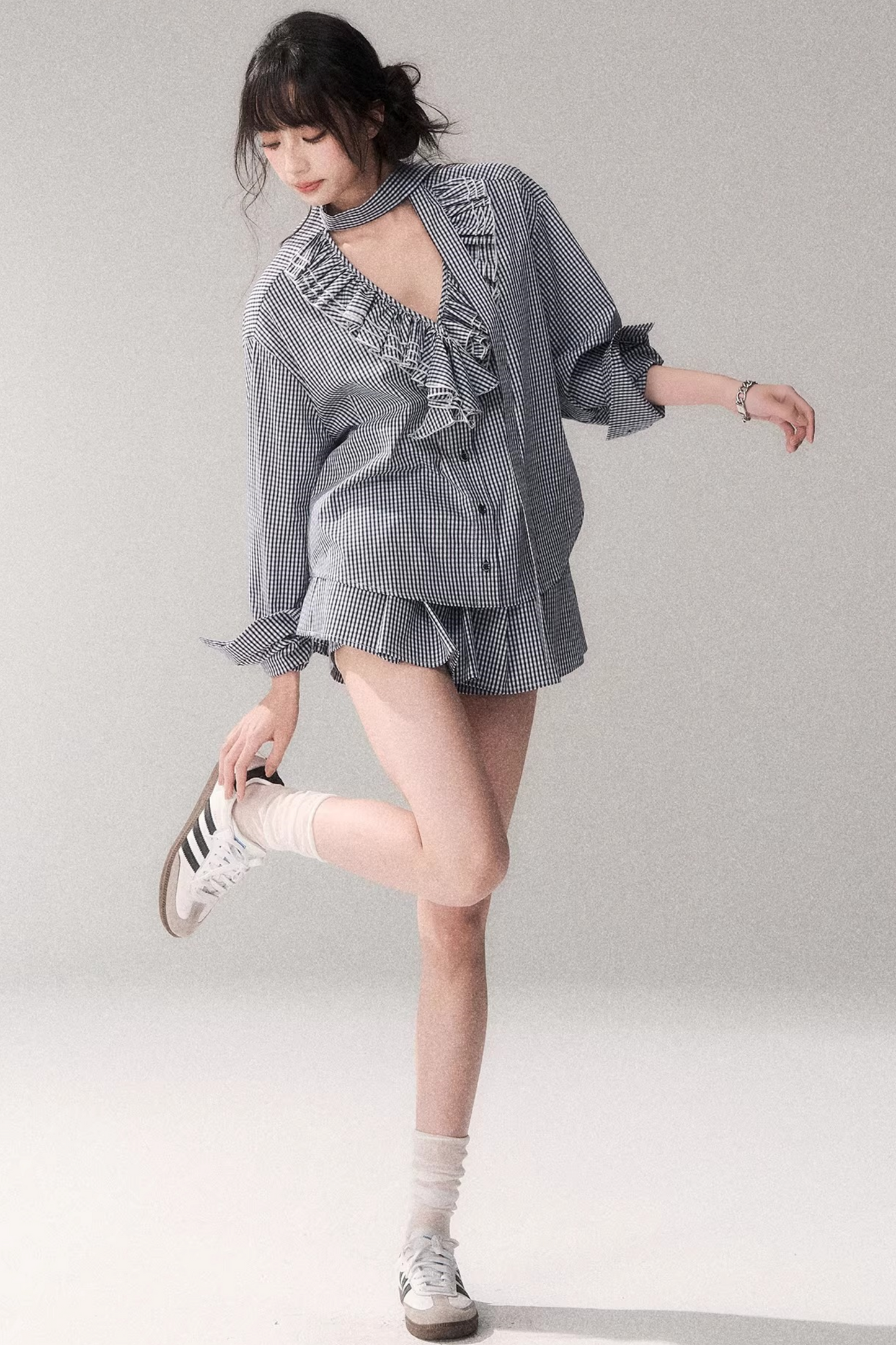Blue Check Lace Blouse Set-Up