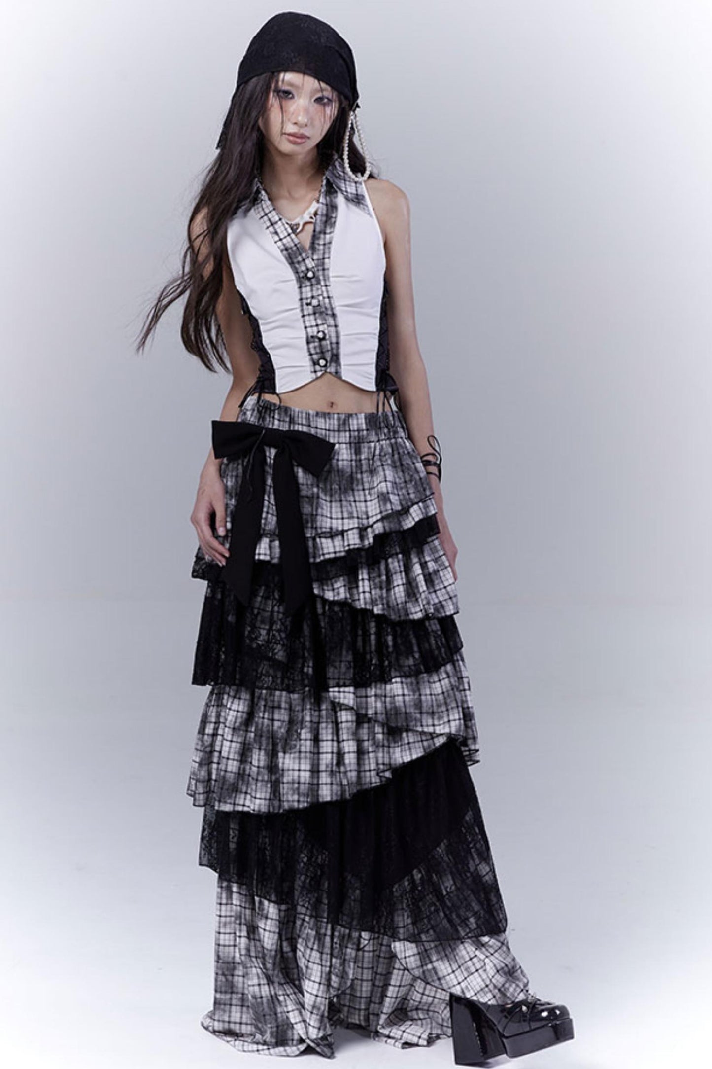 Wilderness Lace-Trimmed Plaid Bustier Skirt