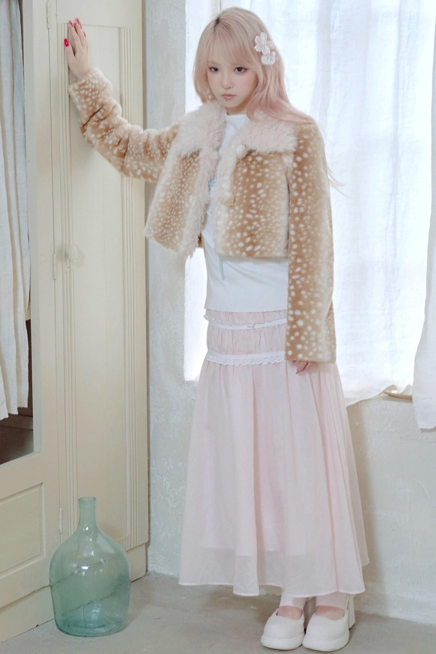 Lace Pleated Panel Pink Long Skirt