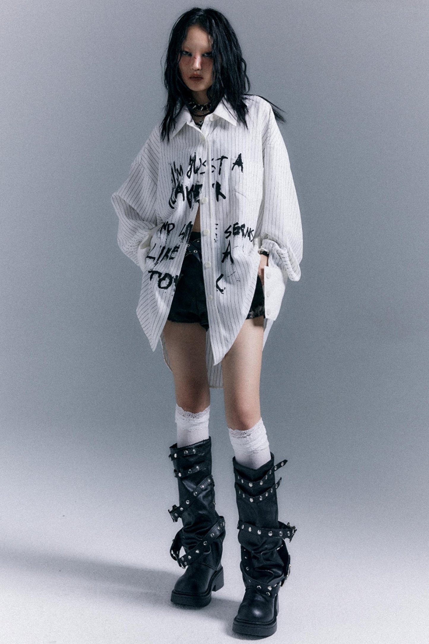 Graffiti Print Striped Long-Sleeved Shirt