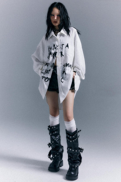 Graffiti Print Striped Long-Sleeved Shirt
