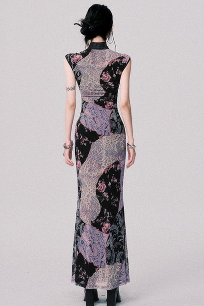 Smokey Purple Color-Blocked Cheongsam Dress