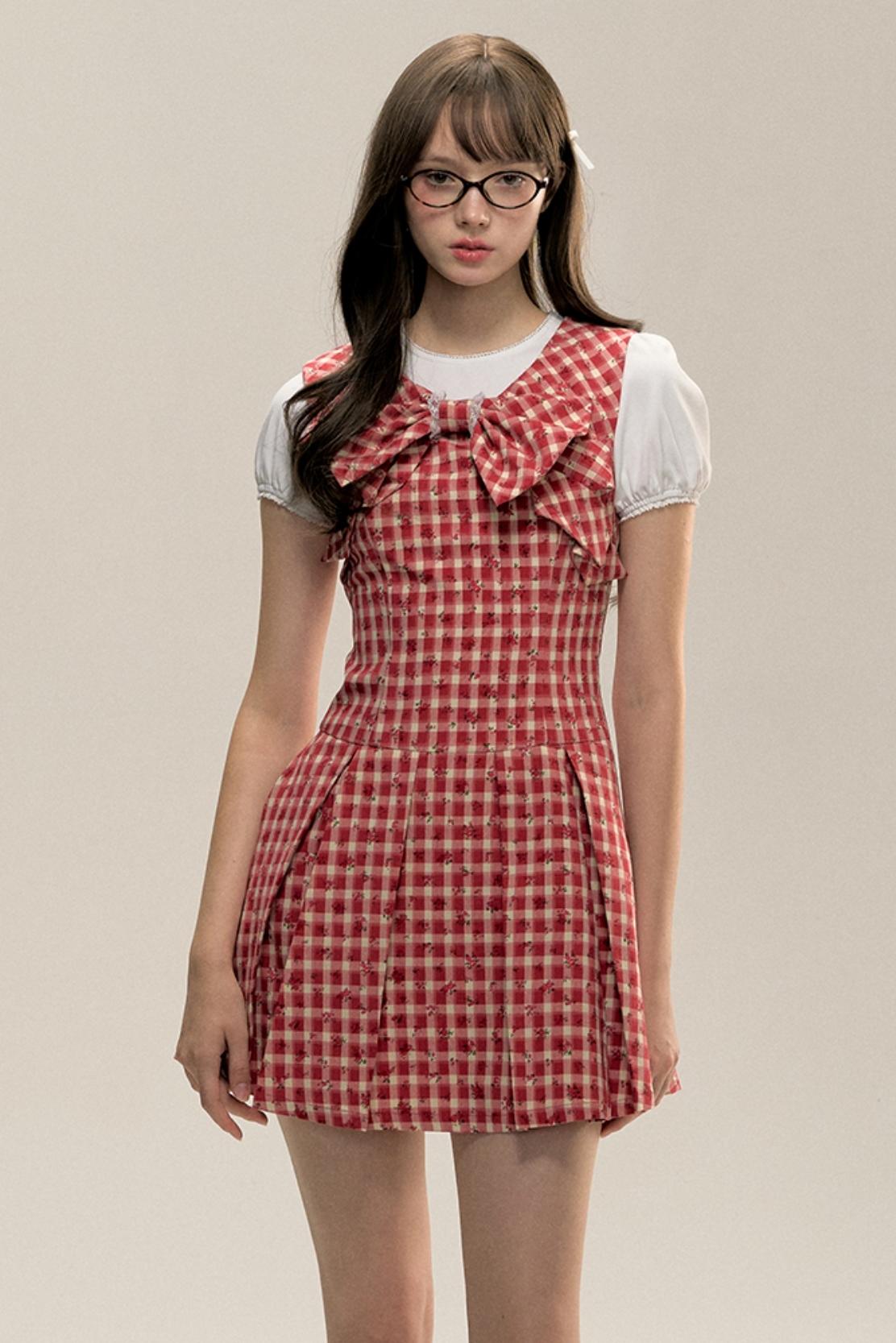 Red Check Floral Bow Vest Dress