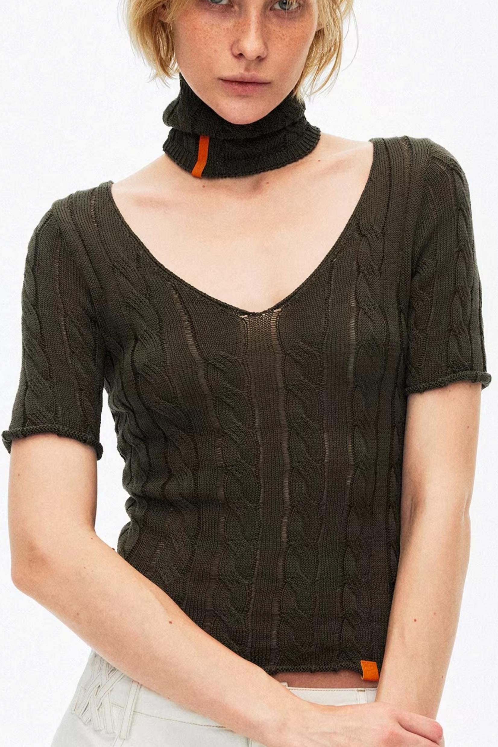 Sophisticated olive green cable knit choker top for a unique summer look
