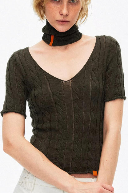Sophisticated olive green cable knit choker top for a unique summer look
