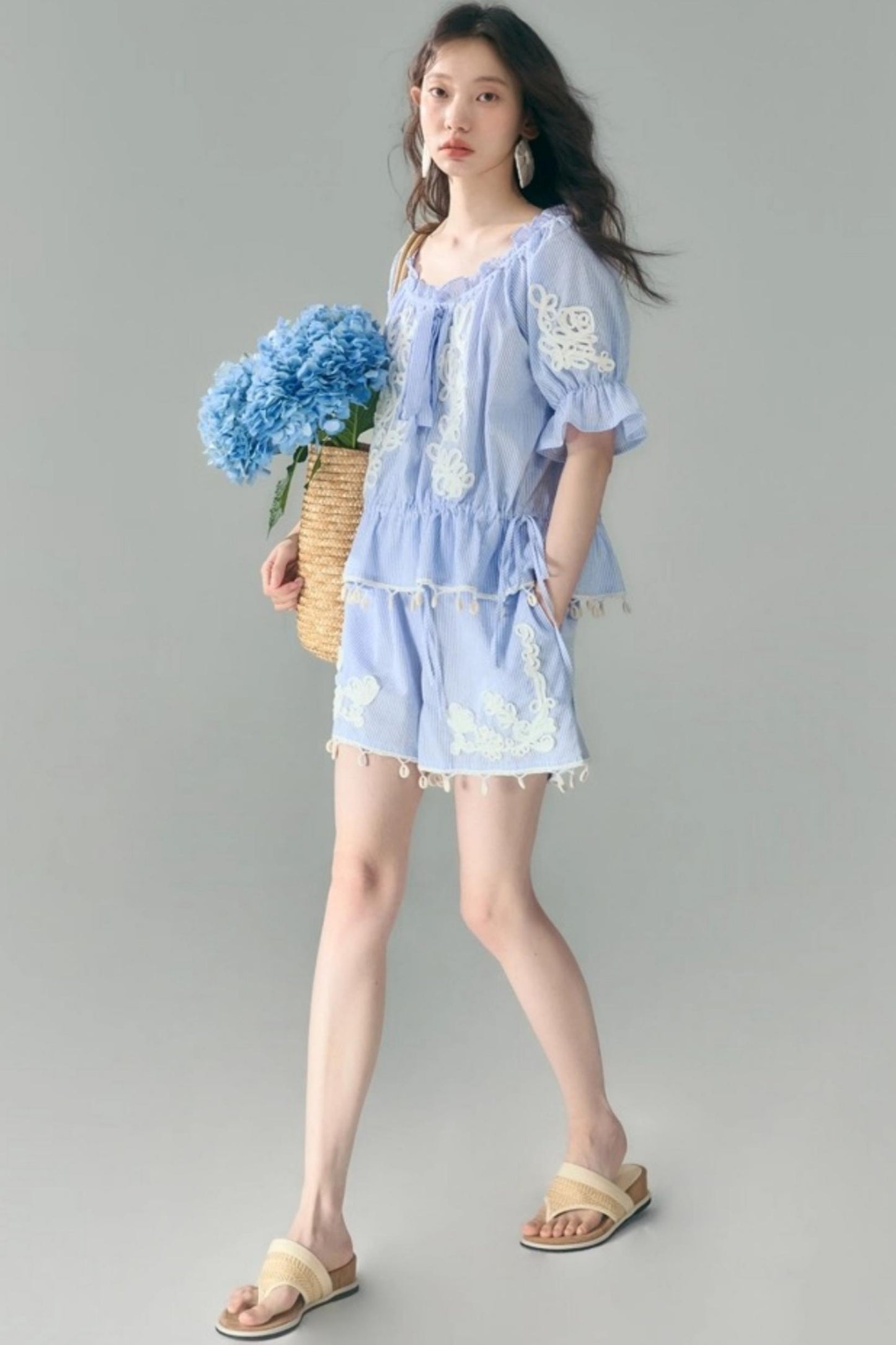 Island Flower Vine Striped Short Sleeve Top Shorts Set-Up
