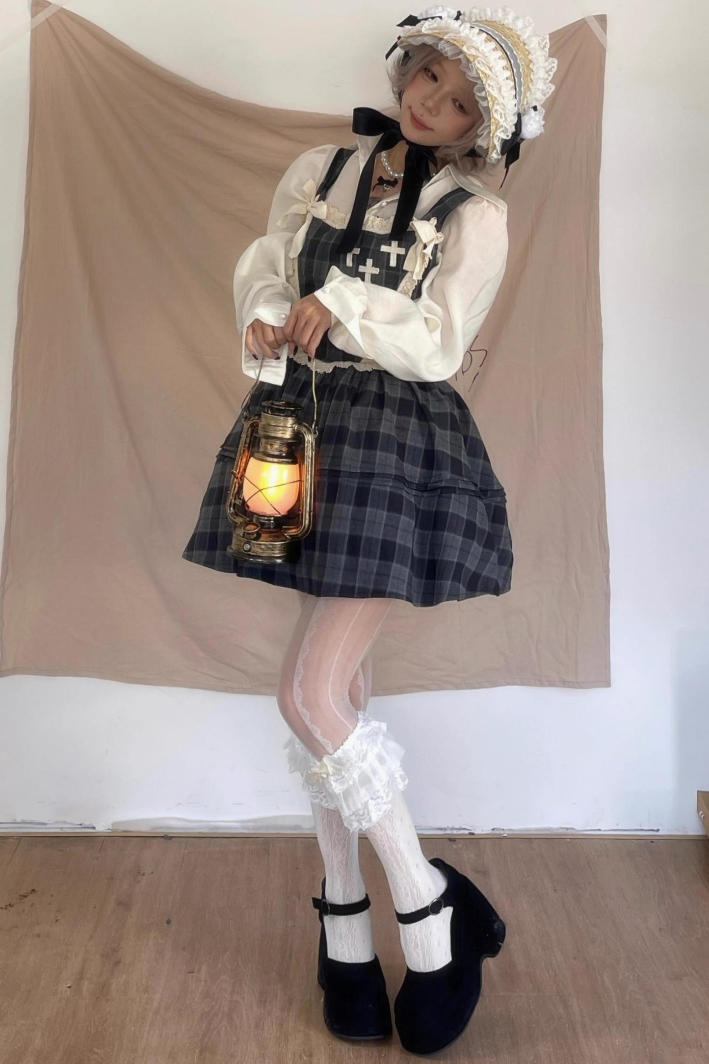 Gray Plaid Waist Cinched Herringbone Lace Bow Tie Dress Set-Up