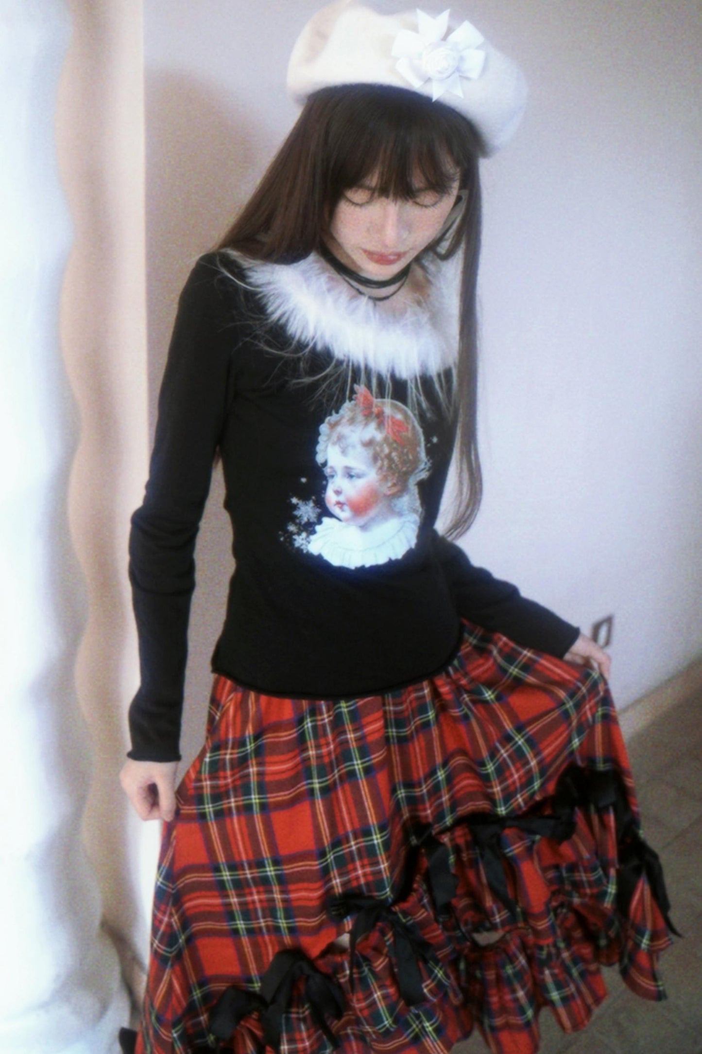 Vintage Angel Print Fur Collar Long Sleeve T-Shirt