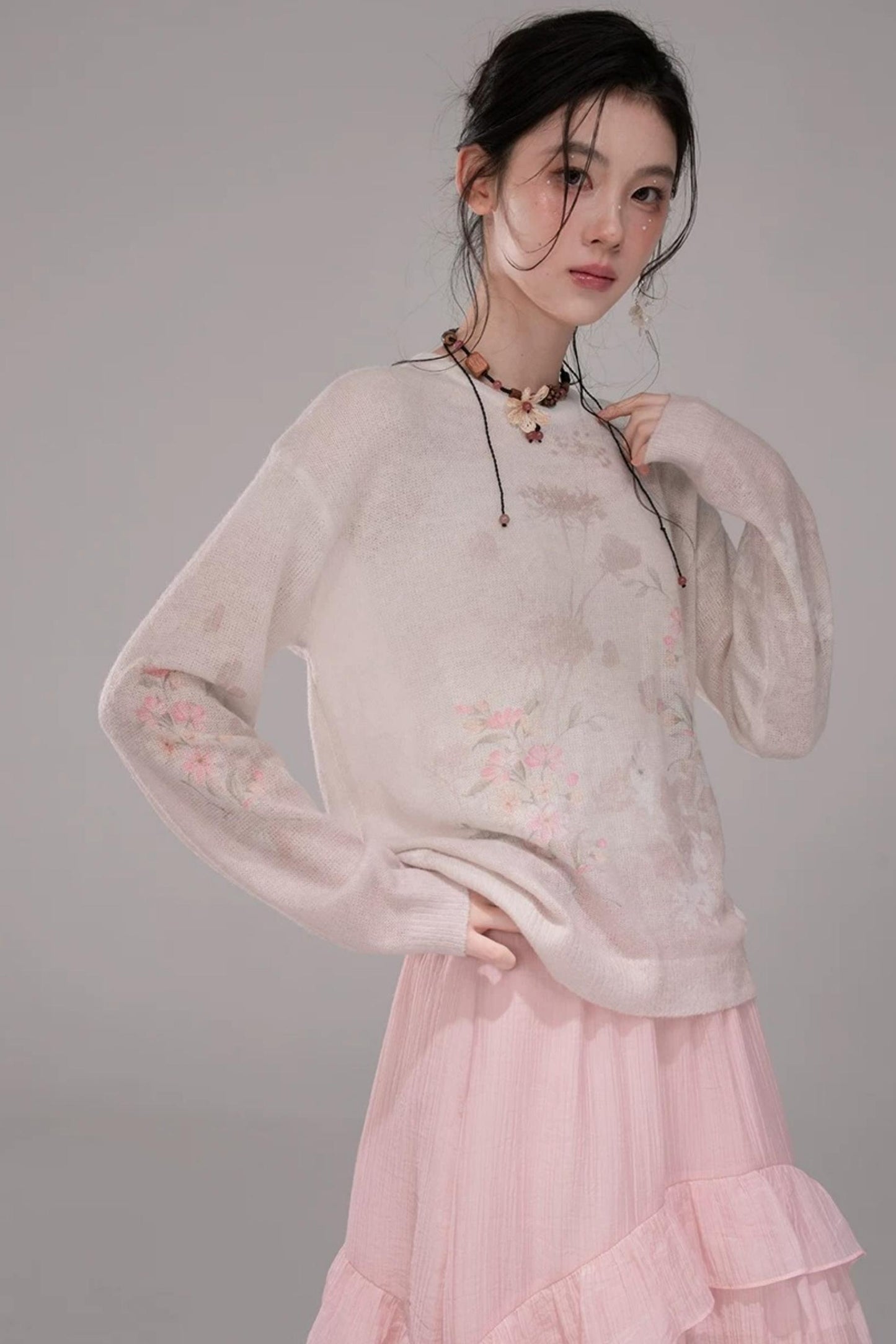 Pink Khaki Gradient Knit Blouse