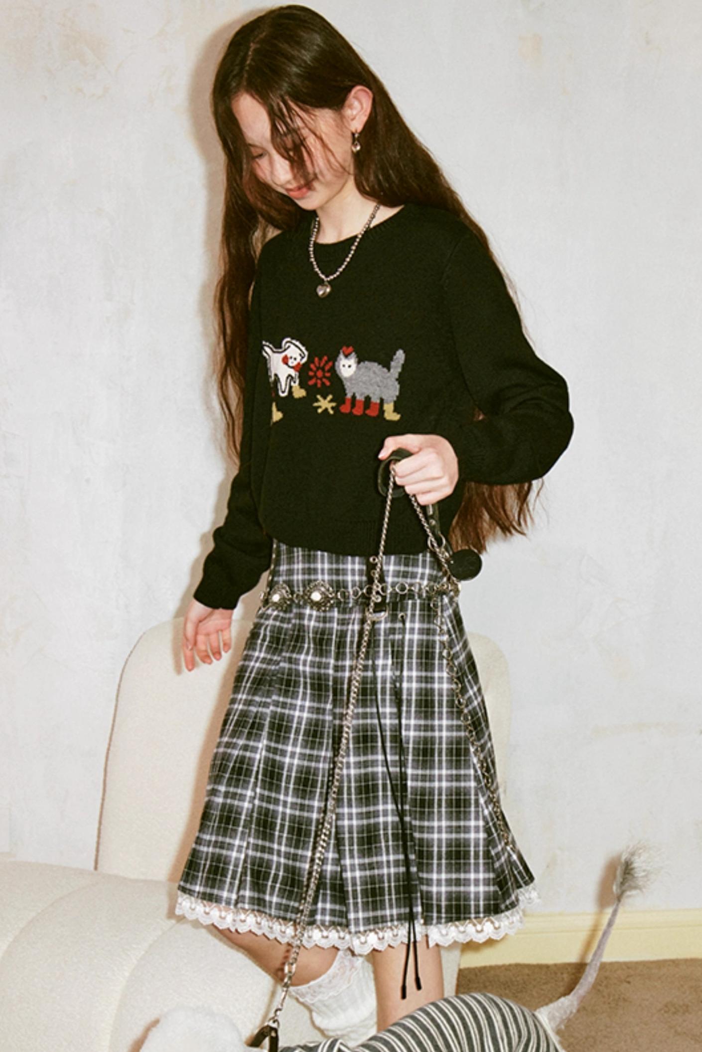 Kitten And Puppy Embroidered Wool Blend Knit Sweater