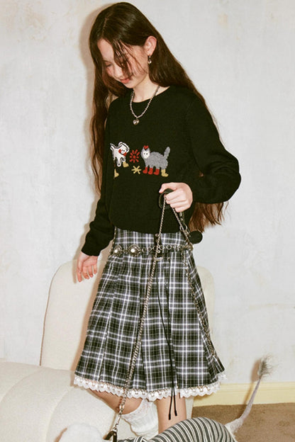 Kitten And Puppy Embroidered Wool Blend Knit Sweater