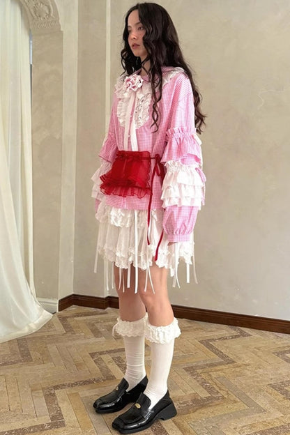 Pink-White Plaid Lace Shirt