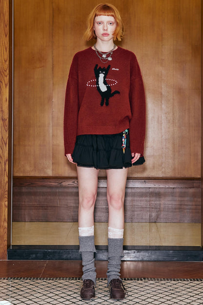 Laser Beaded Knitted Cat Top