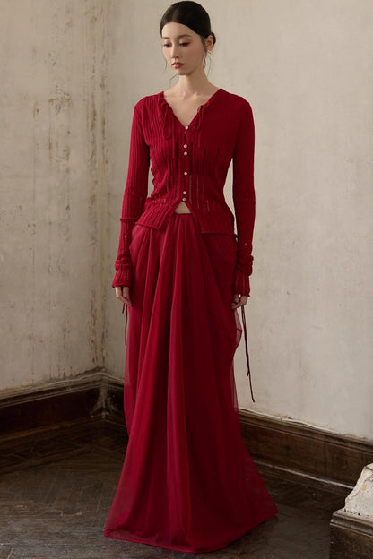 Autumn Red Knitted Cardigan