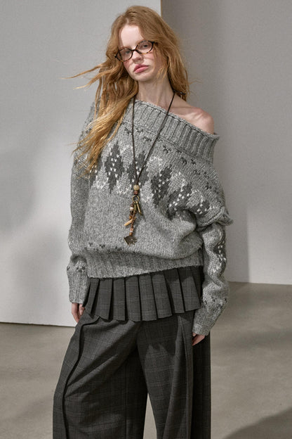 Thick Knit Argyle Off-Shoulder Top