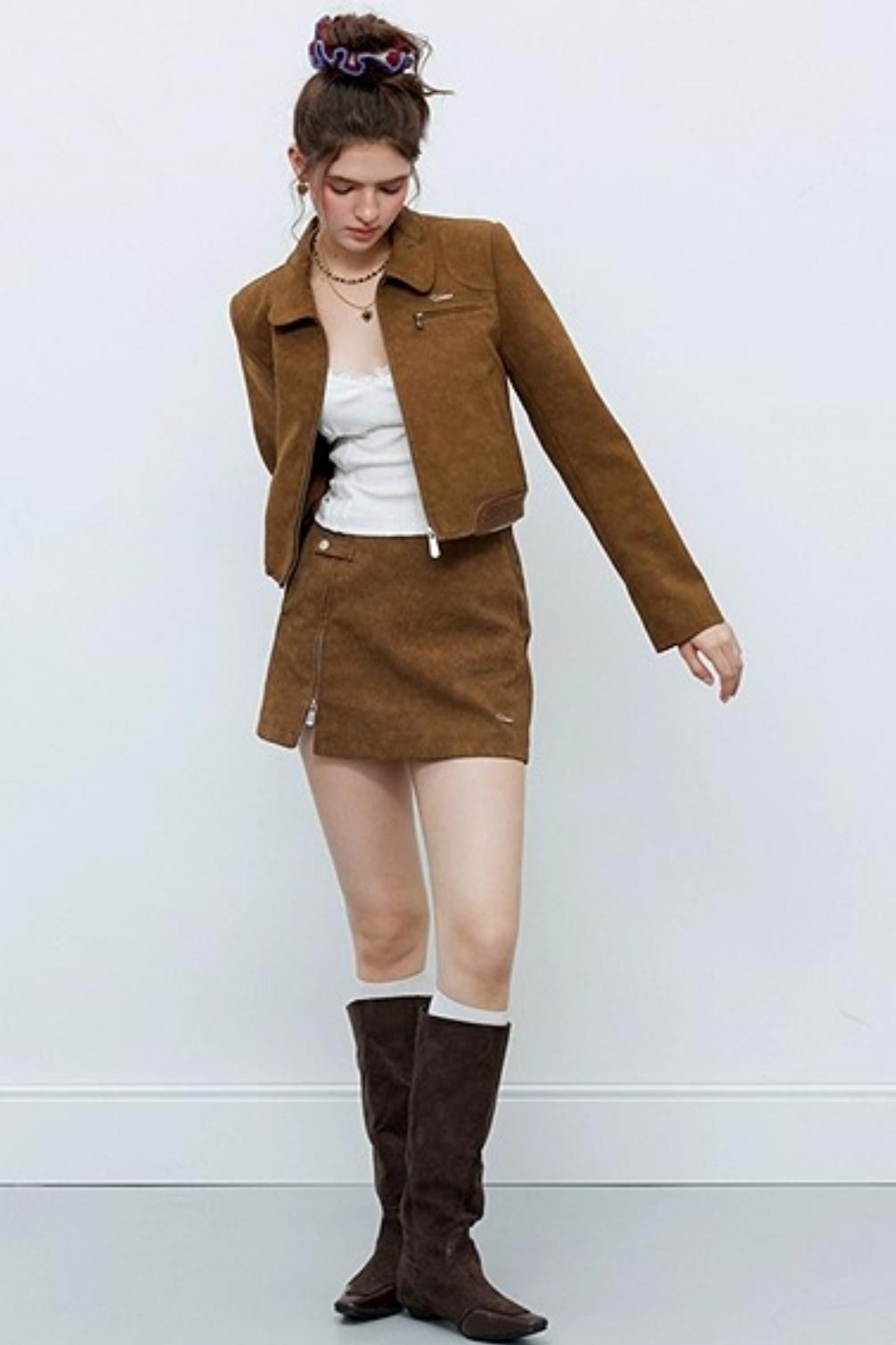 Caramel Brown Faux Suede Jacket Set-Up