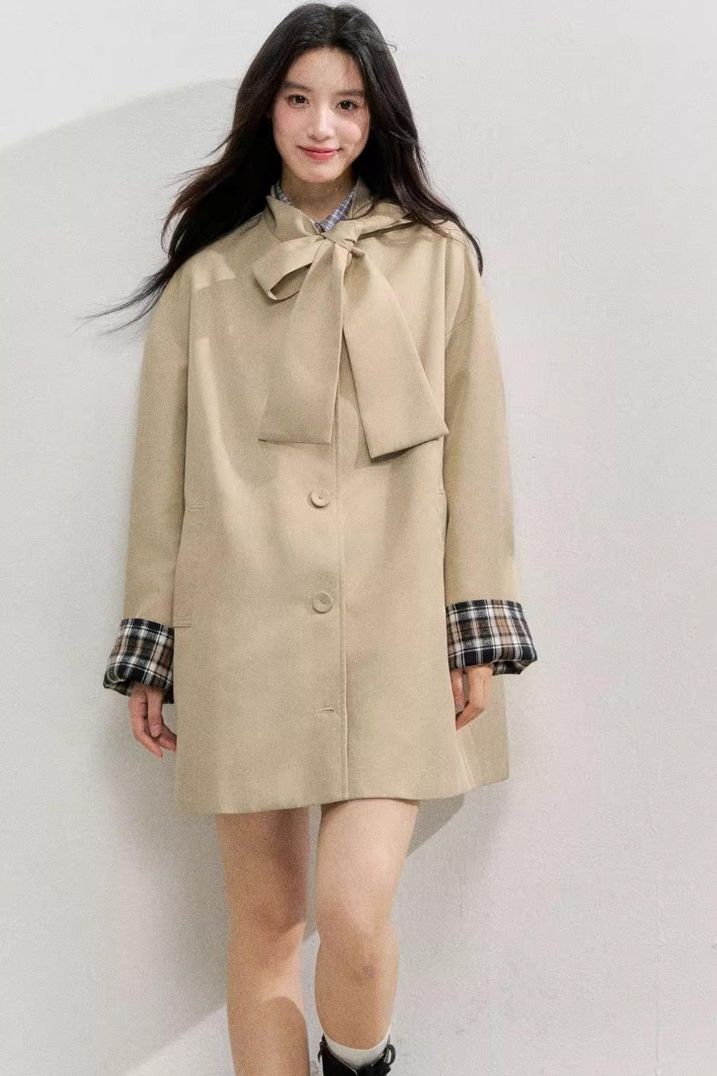 Vintage Bow Plaid Trench Coat