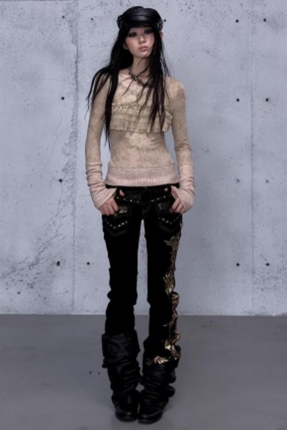 Retro Gold Foil Denim Pants