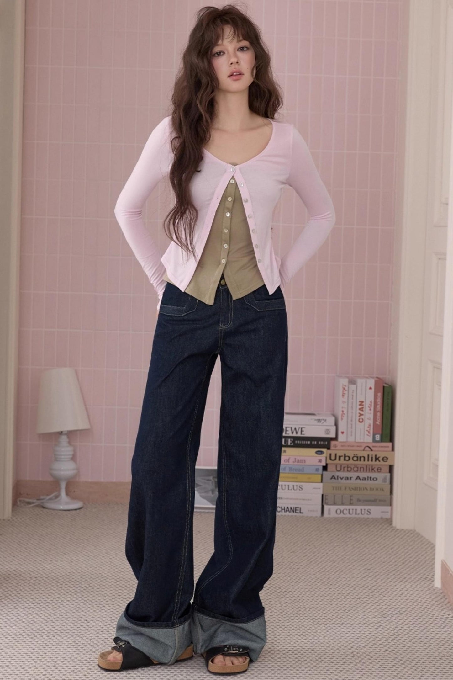 Retro Fashionable Sweet Cuffed Wide-leg Jeans