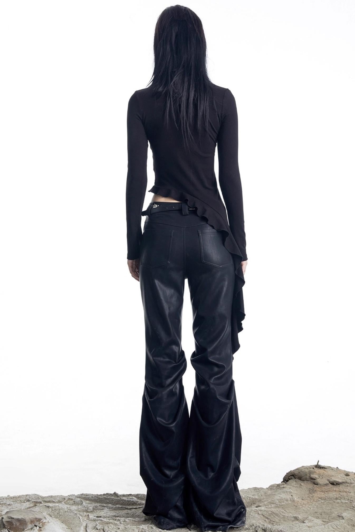 Openwork Rivet Ruffled Knit Top