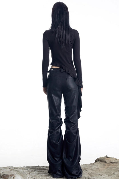 Openwork Rivet Ruffled Knit Top