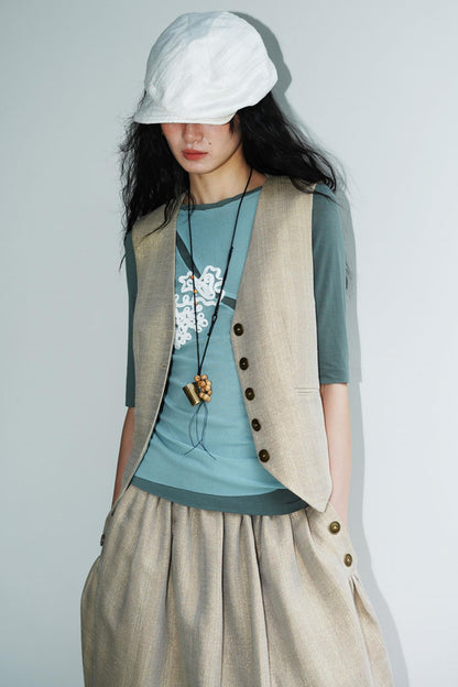 Slim Vintage Linen Layered Vest