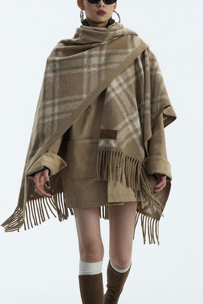 Wool Blend Plaid Cape Cardigan