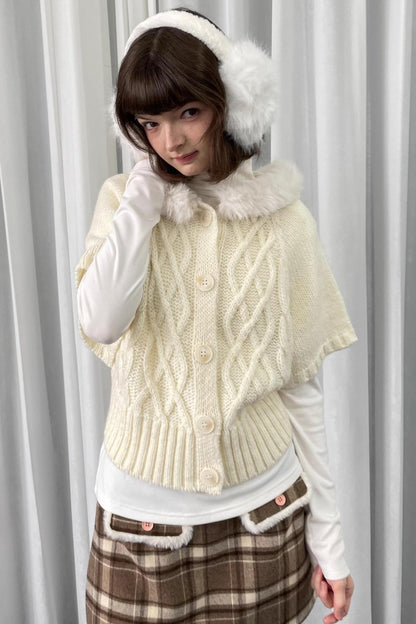 Off-White Fur Collar Knit Sweater Jacket