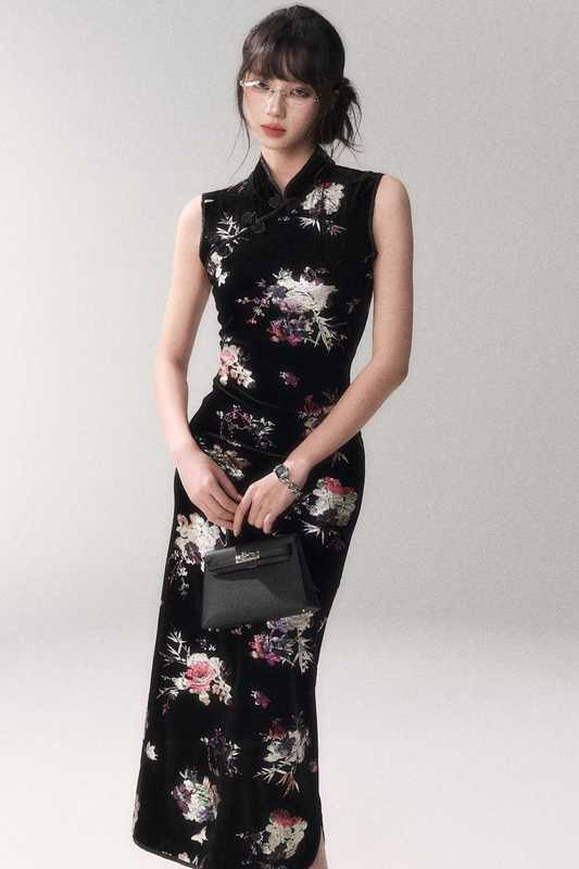 Gold-Embellished Velvet Qipao Dress