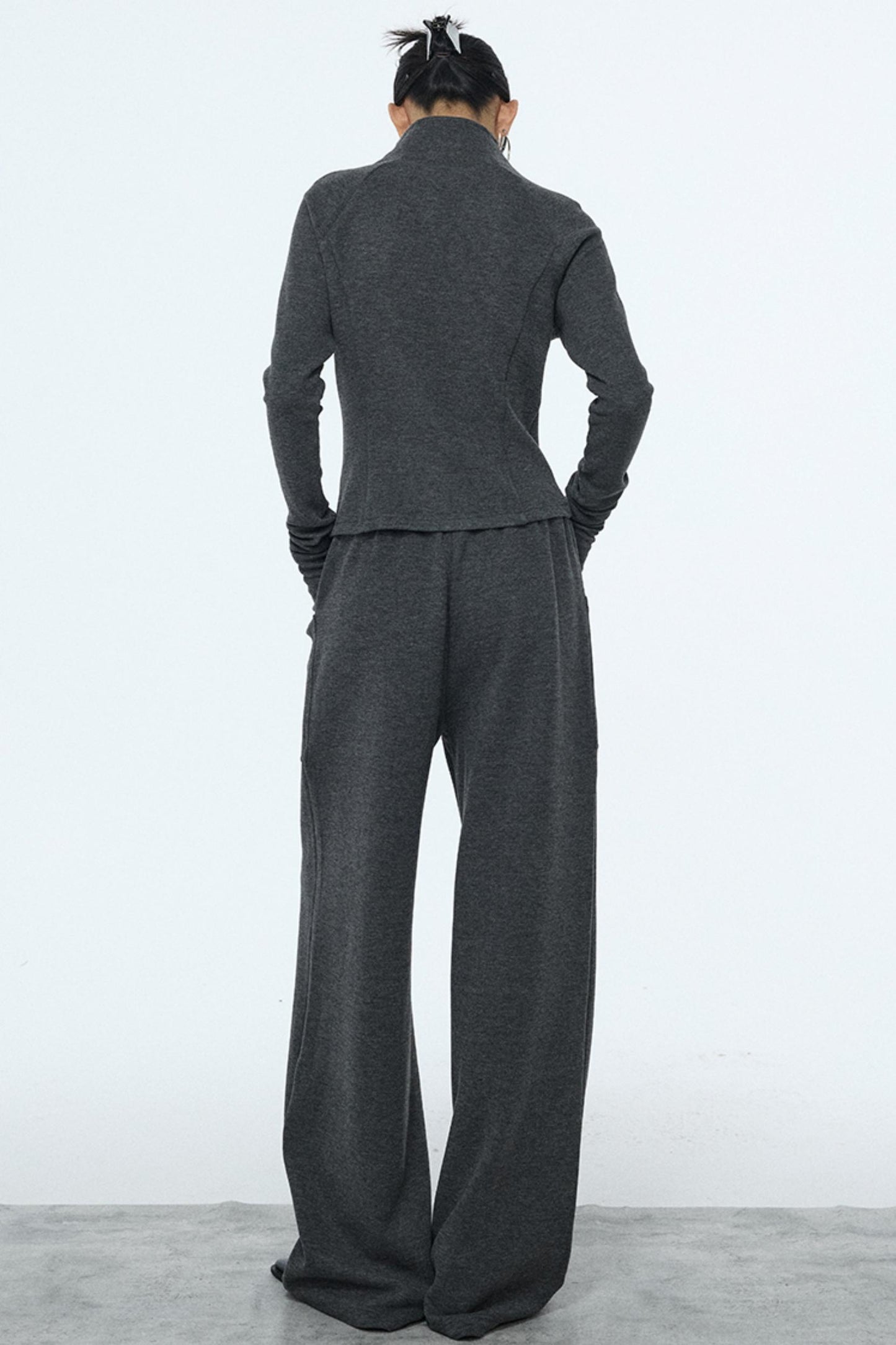 Gray Zipper Slim-Fit Top & Pants Set-Up