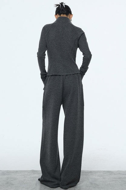 Gray Zipper Slim-Fit Top & Pants Set-Up