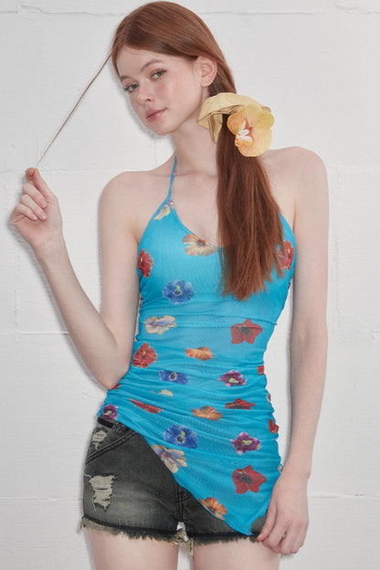 Padded Slim Strap Neck Print Top