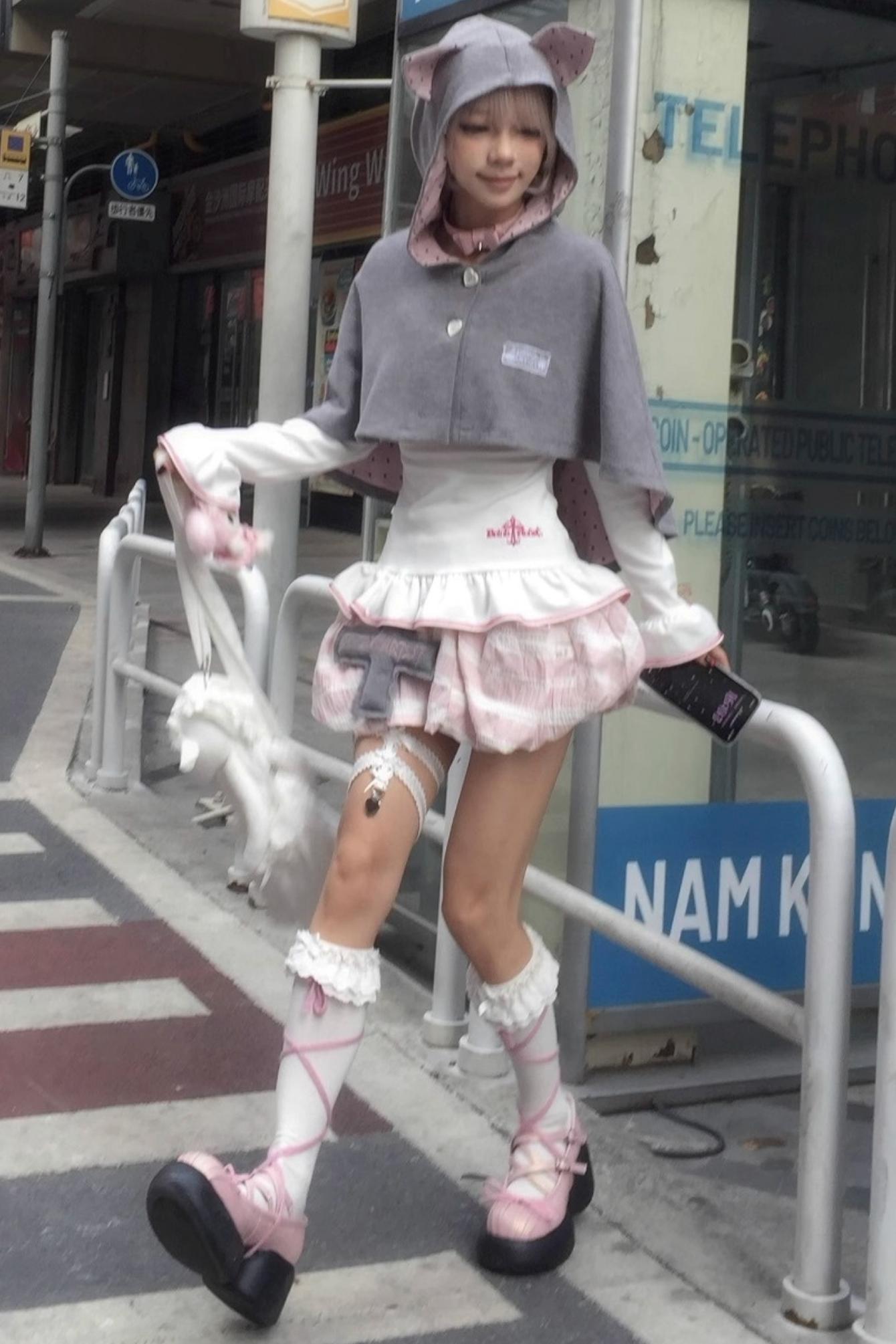 Cute Gray-Pink Cat Ears Hooded Coat