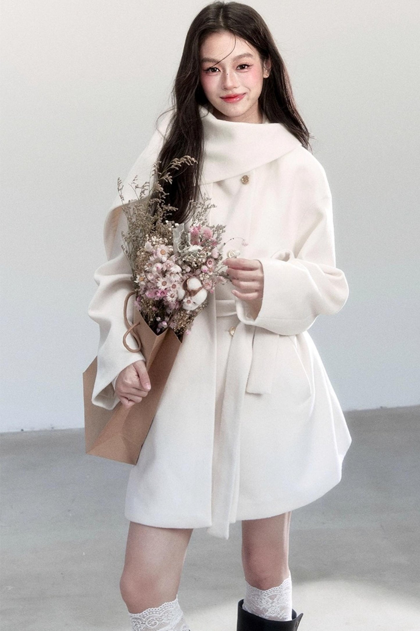 White Lace-Up Woolen Jacket