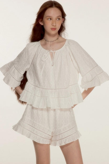 Noisy Flowers Embroidered Shirt Shorts Set-Up