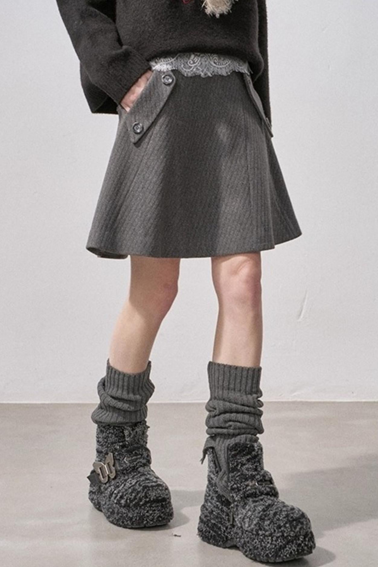 Split Wool Plaid A-Line Skirt