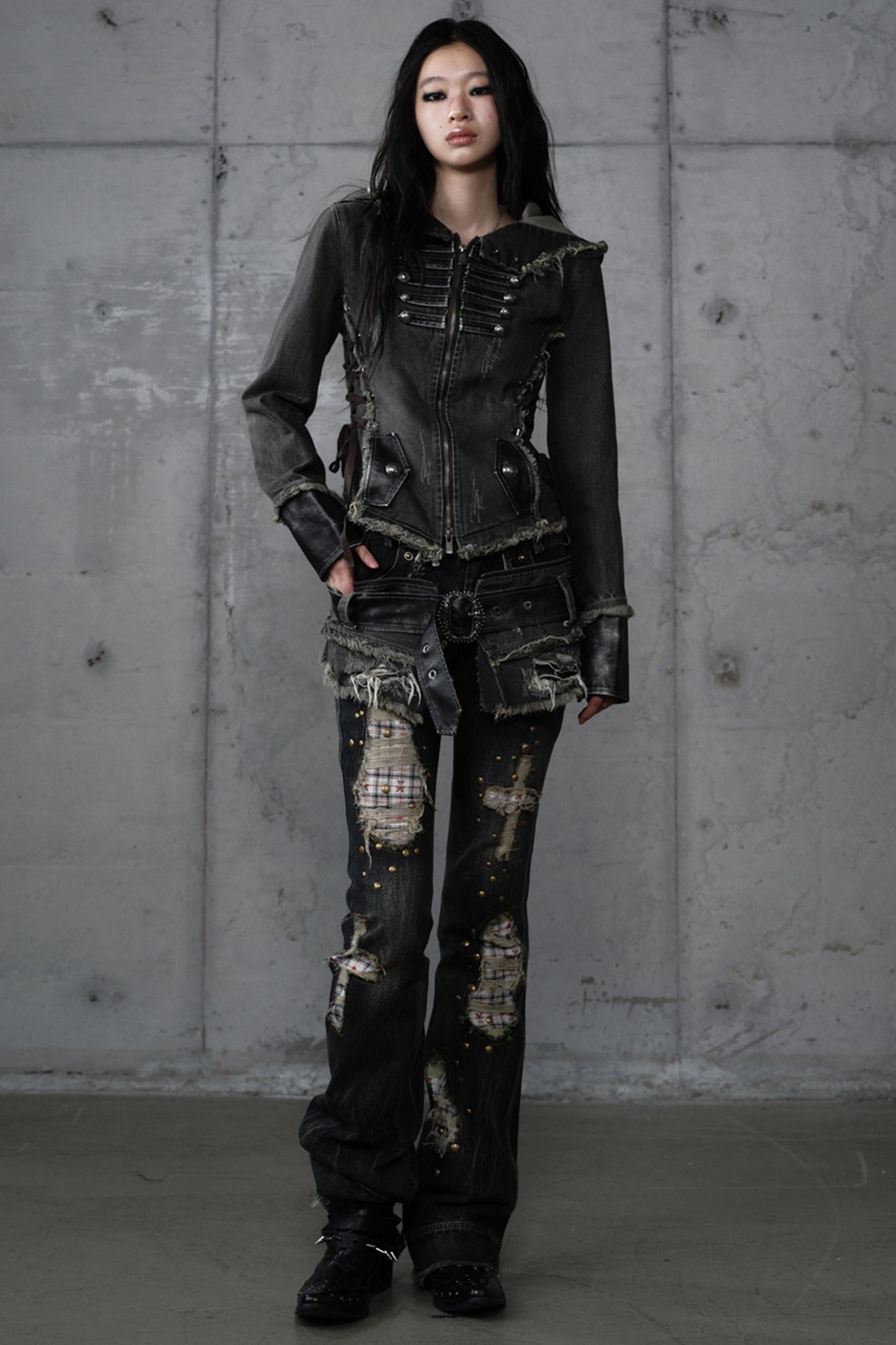 Distressed Denim Slim Fit Hooded Coat