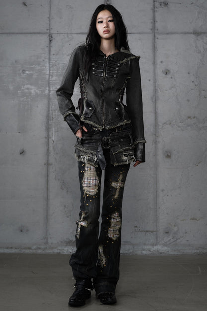 Distressed Denim Slim Fit Hooded Coat