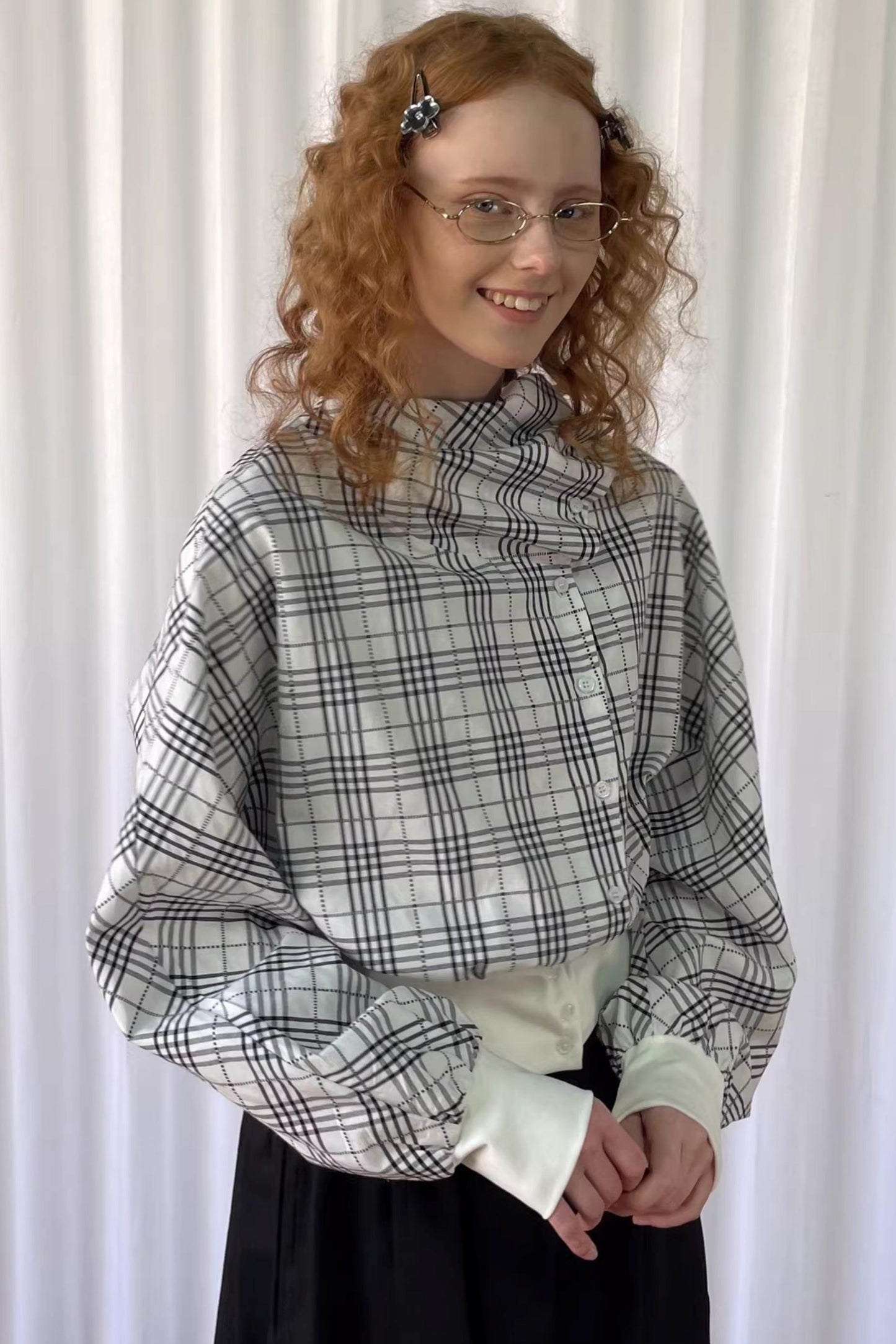 Checkered Pleated Collar Shirt