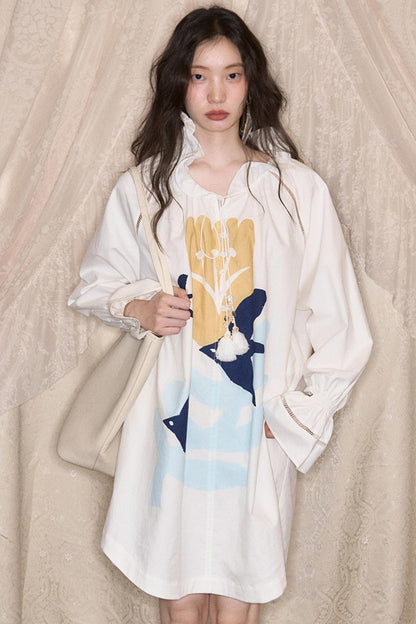 Tulip Bird Print Wood Ear Collar Long Top