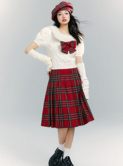 Fur Collar Tops Red Plaid Skirt 2-piece Set